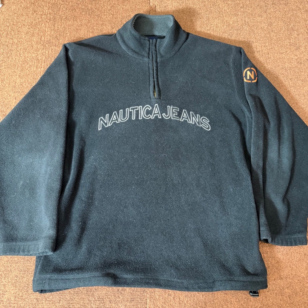 Nautica‎ Jeans Co Mens Medium Black Fleece Quarter Zip Pullover Logo Sweater 679